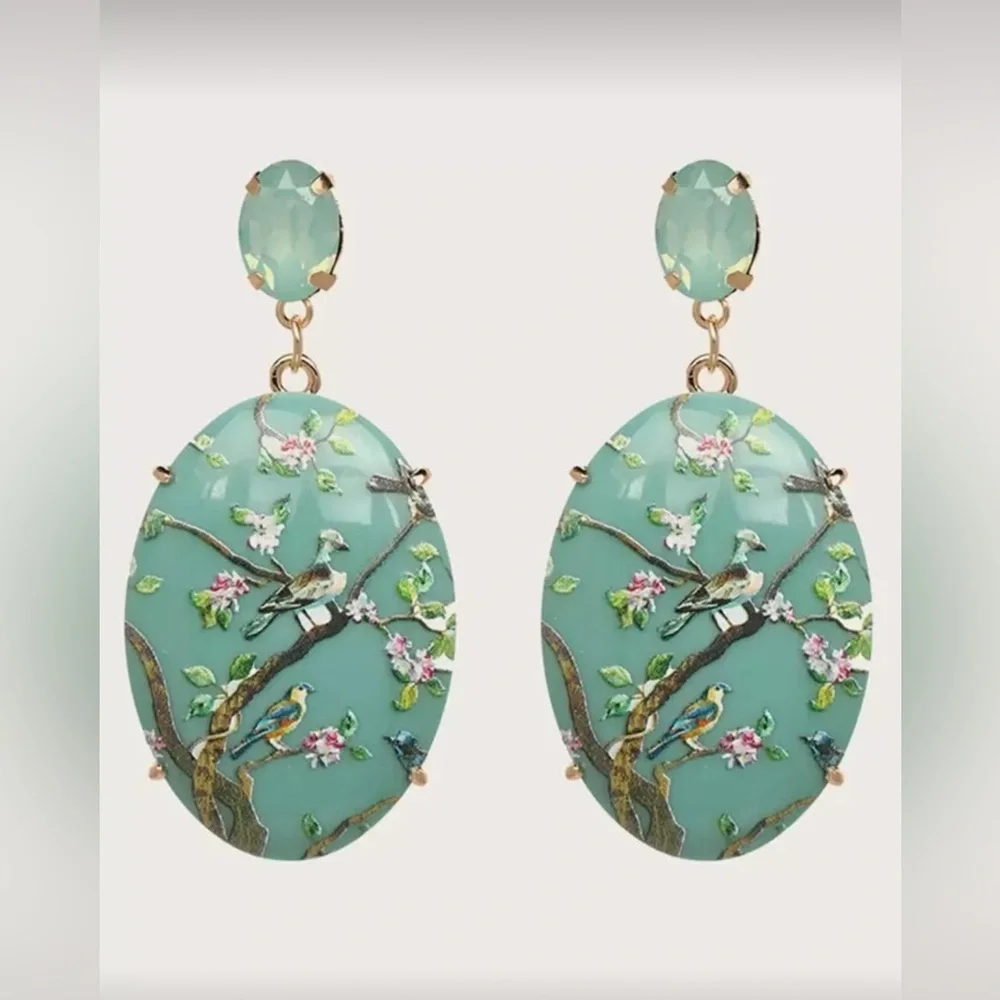 Flower & Bird Texture Geometric Drop Earrings – Green Statement Earrings